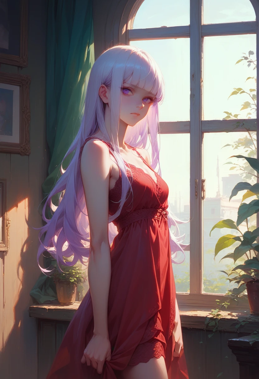 a woman in a red satin chemise with lace details, standing by a dimly lit window,cinematic composition, sakayanagi, 1girl, blunt bangs, white hair, purple hair, purple eyes,
