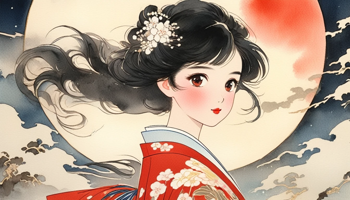 (((beautiful girl))), (((Red cheeks))),(((Pixie Cut))) ,(((giggle))),(((Huge full moon)),(((soil))), (((Looking down from above:1.8))), ((((Upturned eyes :1.5))),(((night))), (Lips are red:1.5),20-year-old, watercolor, masterpiece, Highest quality, Very delicate and beautiful girl,Very delicate and beautiful, world masterpiece theater, Very detailedな, Very detailedな, Highest quality,(((Fancy red kimono)))。 (((Black Hair))), (((Upper Body))), High resolution, Very detailed, Highest quality, shape, masterpiece, Highest quality, Accuracy, A woman in her twenties from the late Edo period, He has a modern anime-like face.