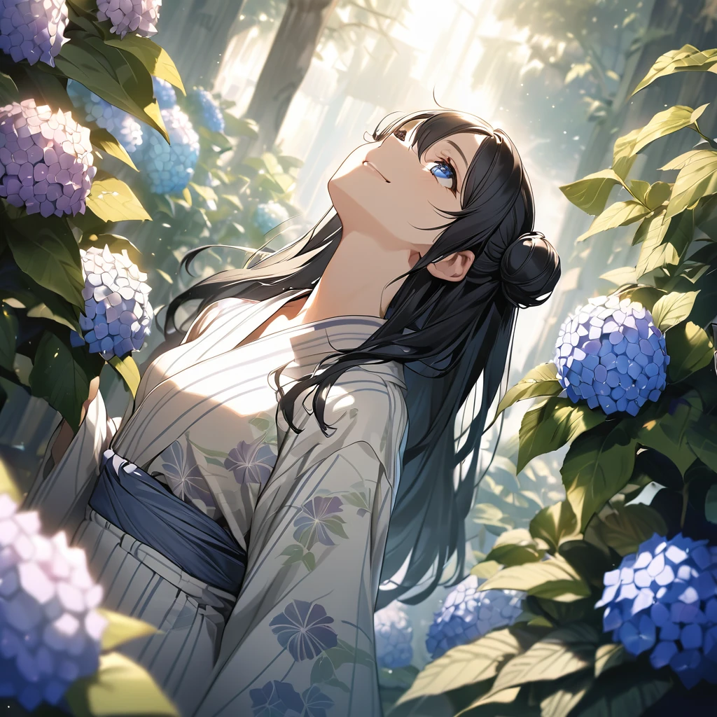 (Cute a girl:1.5), (a girl with Black hair, long hair, bun, blue eyes, Bangs between the eyes, A yukata with a hydrangea pattern,looking up, white japanese yukata,, small breasts, smiling,
:1.4), anime visual, (tilt head:1.3), realistic lighting and shading,muted colors,soft focus, (an extremely delicate and beautiful art:1.3),