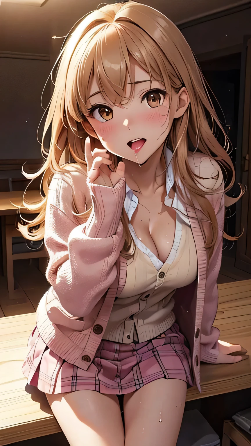 Highest quality, Soft Light, Ultra-high resolution,People Girls, alone, sexy, (Ecstatic face), (Light brown eyes), Beautiful face in every detail,(High resolution detail of human skin texture), (Medium Hair), break,Cardigan ,Checkered Skirt,Pink panties,(Fellatio gestures:1.1), (Open your mouth:1.2),tongue,(Sweat:1.1),Sigh,Looking up at the viewer