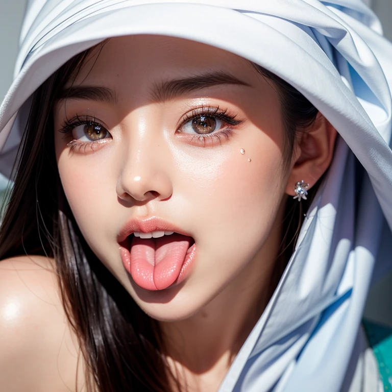 ExtremelyDetailed Kawaii girl Face (Close-up of KissableTongue)((Kissing to Camera)) glossy lips with beautiful details, extremely delicate and beautiful (TopQuality Masterpiece of 8K Ultra-detailed(ProfessionalPhoto:1.37)), {Amazing|finely detail|official art|incredibly absurdres} (close-up:1.22), fish eye lens (wide lens) macro lens, Detailed reflective Eyes ElaboratePupils with (sparkling highlights:1.28) Detailed(Voluminous LongEyelashes:0.88), {from Above|Visible back of throat|String of saliva drip}, (naked shoulder:1.32), Dripping(WhiteJuice on tongue:1.28) snow particles