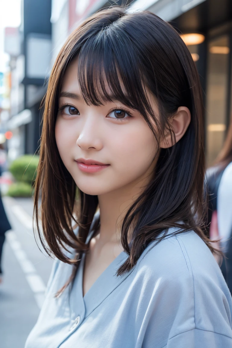 masterpiece、1 girl、View from the front、Japanese、Very cute woman、(The cutest girl in the world)、30 year old student、Makes your face smaller、smile、Very cute face、Glossy Lips、Double eyelids on both eyes、Natural Makeup、Long eyelashes、Shiny and smooth light brown hair、bangs、Center image、8k resolution、Advanced Details、Detailed hairstyle、Detailed face、Great cinema lighting、Vibrant、Ultra-realistic、Perfect limbs、Perfect Anatomy, Spring 2024, Tokyo, Popular clothes for spring, The background is Shibuya