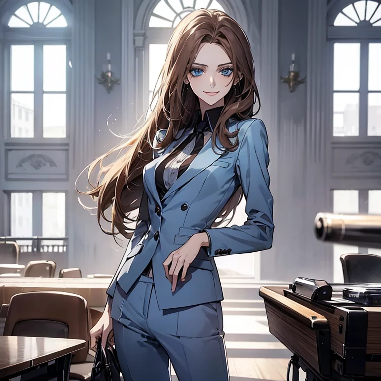 (Highest quality,High resolution,Very detailed),1 girl, Beautiful and elegant light blue eyes, Brown Hair, Cold Smile,Straight long hair tied back,business suit, Mature Woman, Age 27,Cruel smile,secretary,Calm and Calm, Slim figure, Pale complexion, thin, Calm, In the conference room,Small breasts,slender,