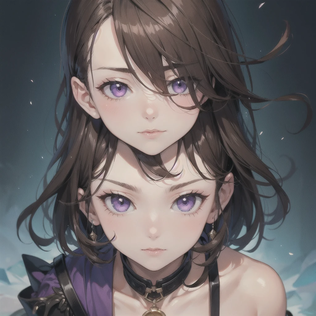 Character portrait, anime, One boy,Black Clover Gauche,Brown Hair, Hair that hides one eye,Kind eyes,Purple eyes, whole body,solo,