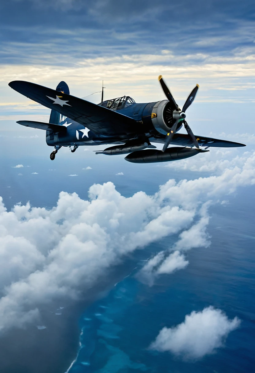 8K quality, ultra-high definition realism, carrier-based F4-U Corsair fighter, during World War II, on the way to attack Peleliu Island over the Pacific Ocean, overcast sky with many clouds, dark shadows, light shining from diagonally behind, the silhouette of an island can be seen ahead of the Corsair's direction of travel, the camera captures the Corsair fighter in flight from diagonally above and behind, the Corsair's windshield is teardrop-shaped, and the wing shape is an inverted gull wing.