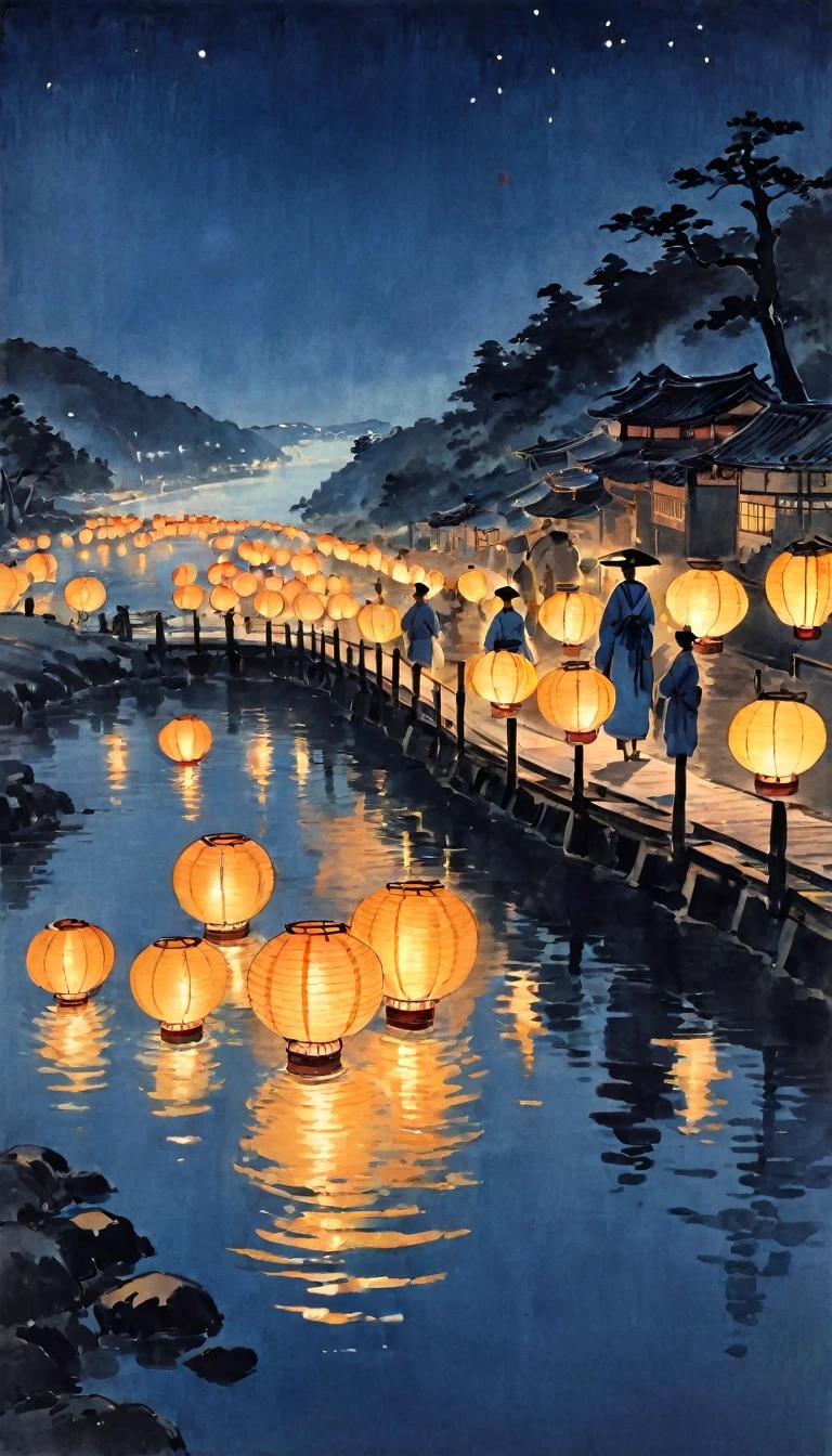 Katsushika Hokusai、Monochrome、vague、Mont、Ink and watercolor、Light tones、calligraphy、Ink Painting Ink Painting Drawn with a brush Characters written with a brush Place river lanterns on the river bank,Many sky lanterns are lit up on the water.、Beautiful atmosphere, Light in the night sky, Quiet evening atmosphere