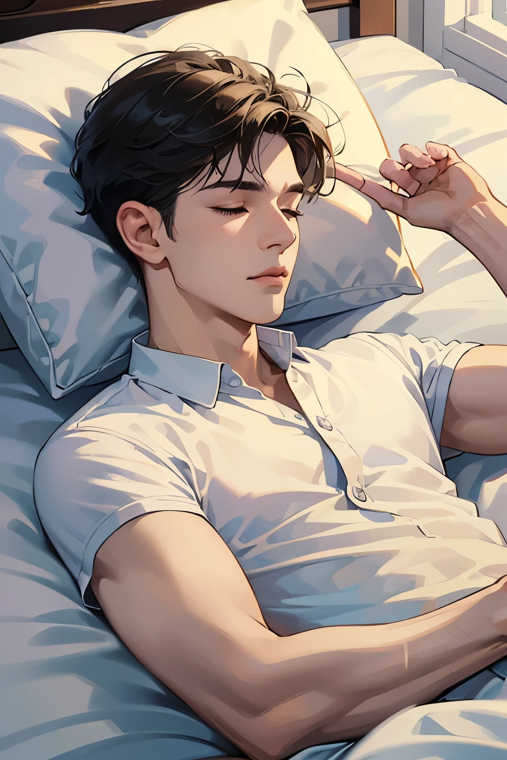 ((masterpiece,best quality)), 1male, solo, adult, handsome, beautiful detailed face, sleeping in warm bed, lying down, closed eyes, pajamas, blanket, pillow, relaxing expression, night sky outside the window