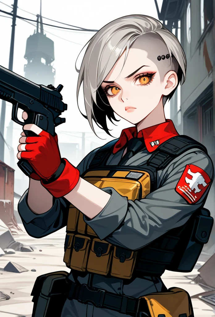 masterpiece, best quality, mature woman, (buzzcut hairstyle), gray hair, (villainous eyes), amber eyes, glossy lips, (mature face), serious expression, operative clothing, bulletproof vest, tactical vest, fingerless gloves, holding pistol, abandoned building, aiming gun at viewer