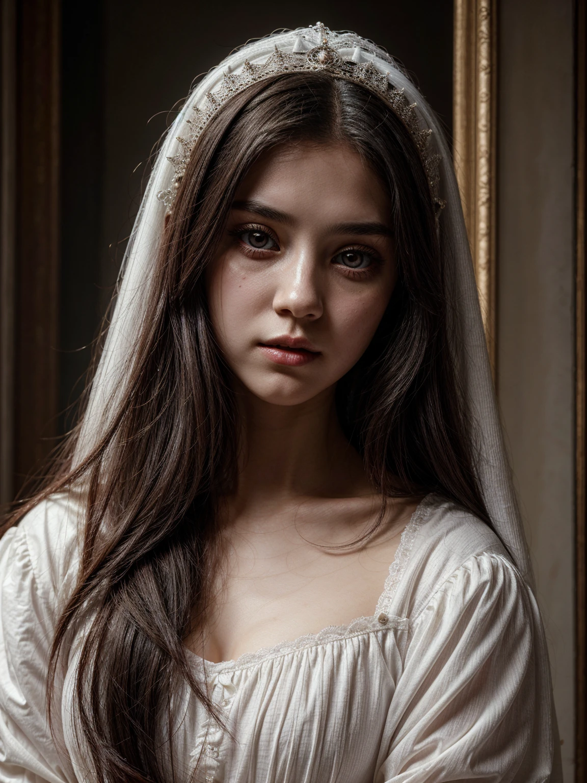 (Name: Isabella de Valois), Pretty, She is a Ghost, White clothes, Long Black Hair, Blood Liptint, Pretty Eyes , Angelic Face Beautiful, Black Eyeliner,