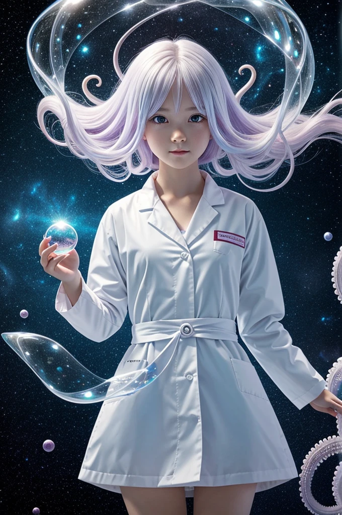 Anime Girl, She appears as a small, young girl (loli) dressed in a pristine scientific lab coat. Her hair is an ethereal translucent white, almost like liquid glass. Her eyes glow with a striking red luminescence. Surrounding her is a bubble universe, a constantly shifting, iridescent field of floating bubbles that refract light in mesmerizing patterns. In her immediate vicinity, eldritch tentacles reminiscent of an octopus extend and curl, weaving through the bubble universe and adding an otherworldly, enigmatic element to her presence.
