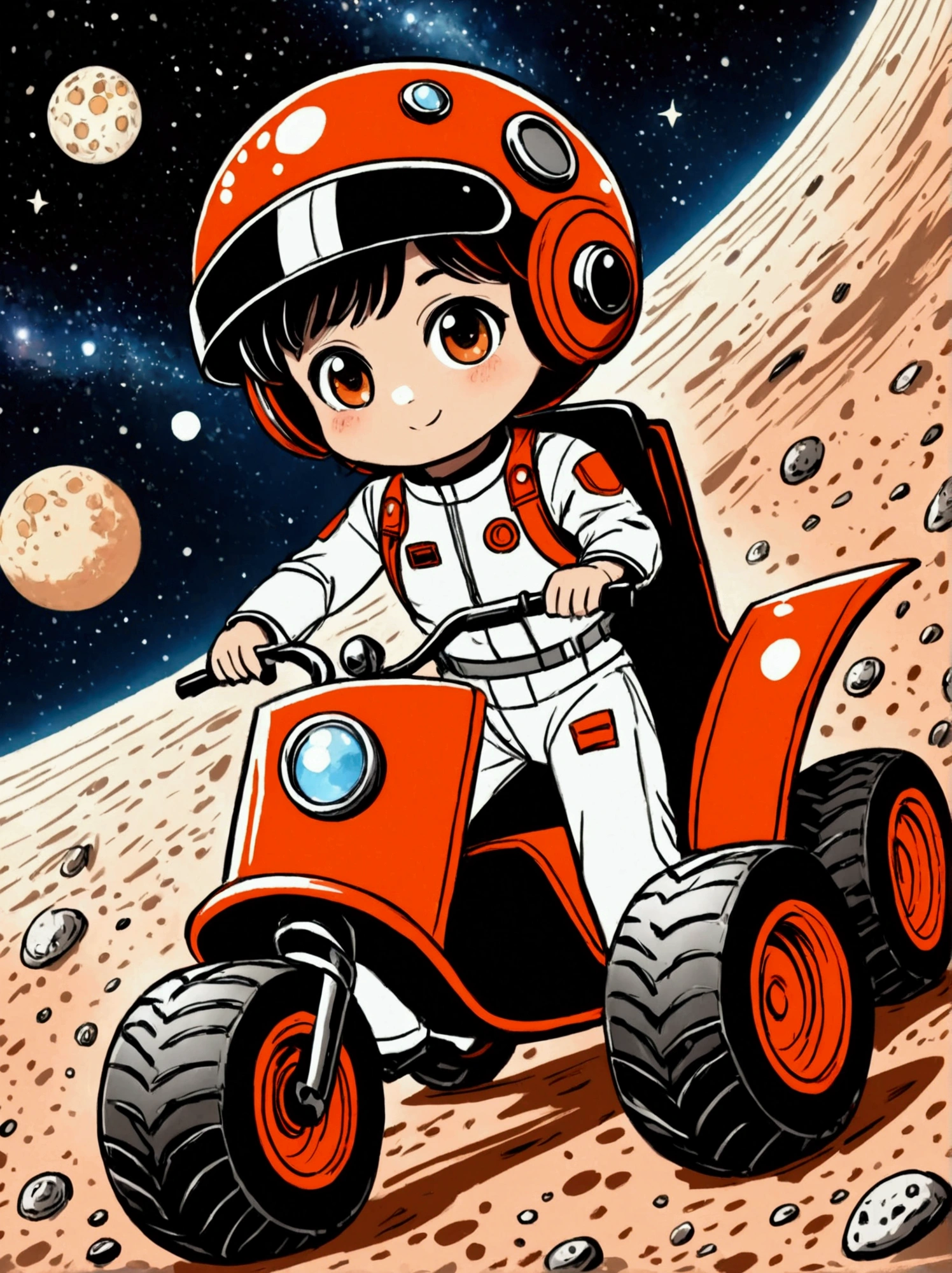 Cartoon hand drawn, A Q-version image with great visual impact,The details are vividly portrayed, Wearing a black visor, Wearing a crisp white suit with red shoulder straps, Cute hero riding a child'Three-wheeled vehicle with large grippy tires, Exploring the lunar surface, The background shows a stunning galaxy,Filled with stars and cosmic wonders, The palette is red, Orange and black shades,With a rough style, The background should have a simple hand-drawn doodle pattern