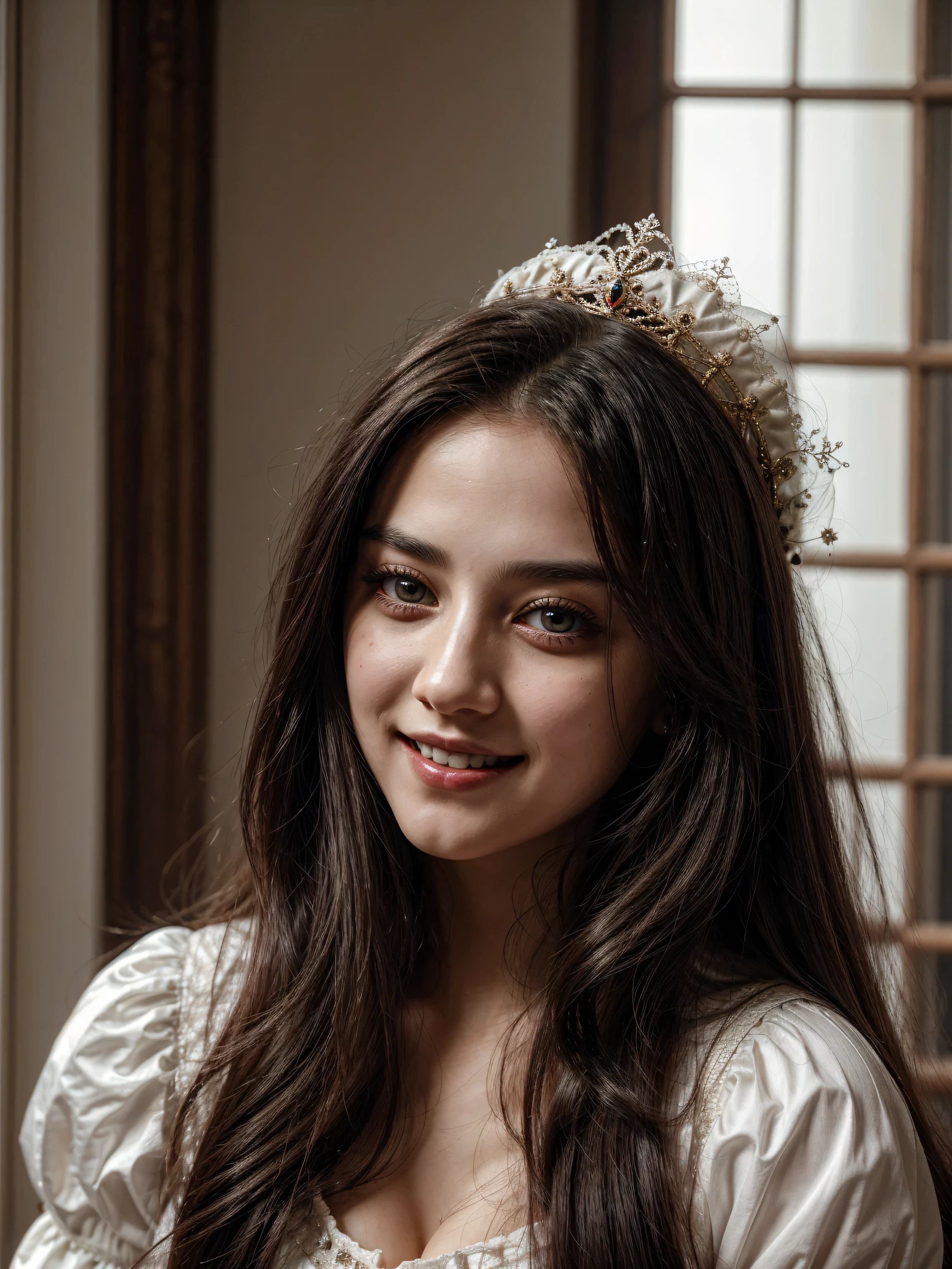 (Name: Isabella de Valois), Pretty, She is a Ghost, White clothes, Long Black Hair, Blood Liptint, Pretty Eyes , Smile opening mouth, Angelic Face Beautiful, Black Eyeliner, Perfect Teeth