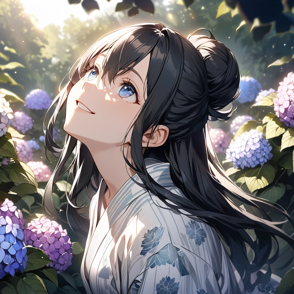 (Cute a girl:1.5), (a girl with Black hair, long hair, bun, blue eyes, Bangs between the eyes,white japanese yukata, A yukata with a hydrangea pattern,looking up, , small breasts, smiling,
:1.4), anime visual, (tilt head:1.3), realistic lighting and shading,muted colors,soft focus, (an extremely delicate and beautiful art:1.3),