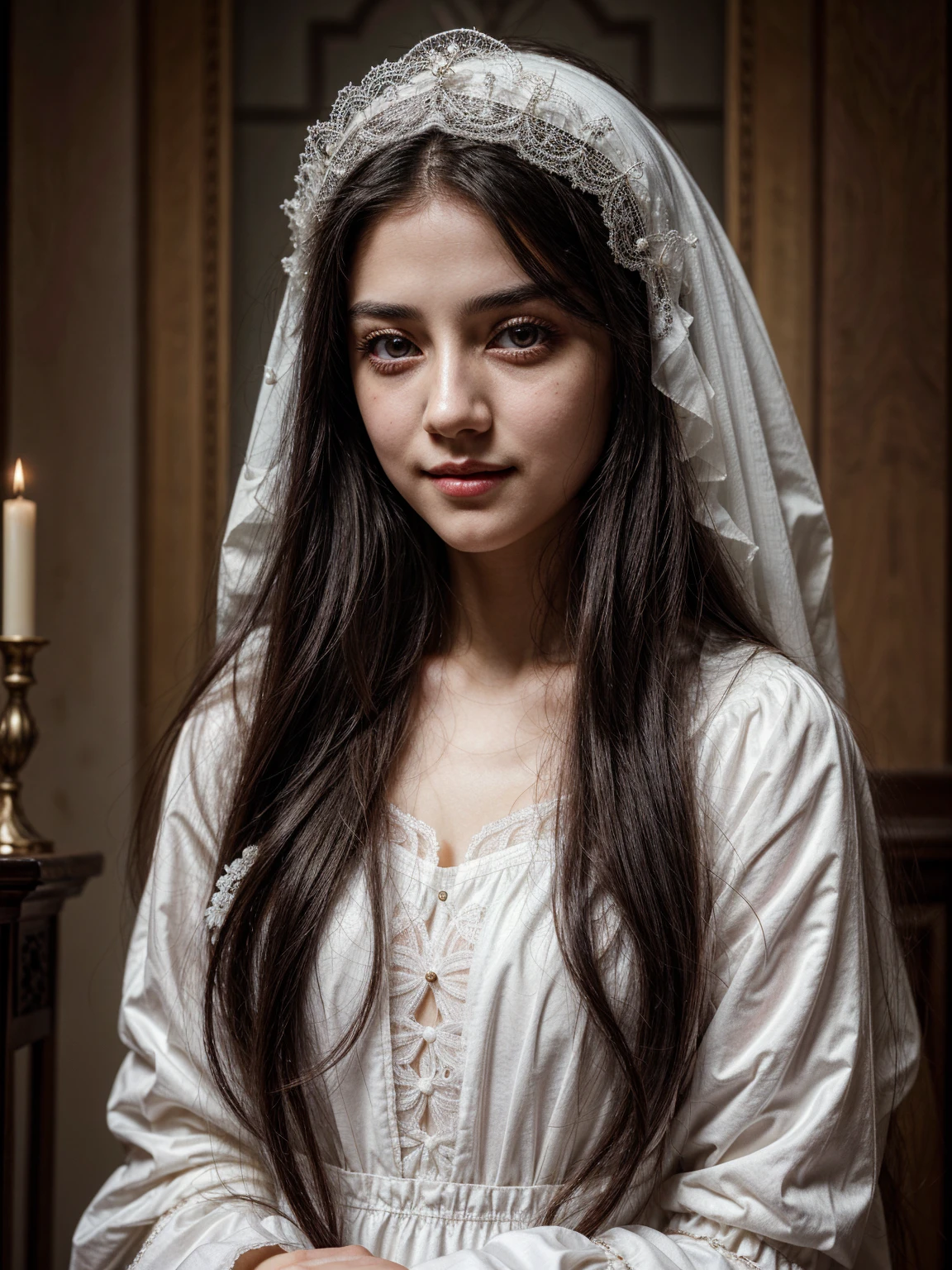 (Name: Isabella de Valois), Pretty, She is a Ghost, White clothes, Long Black Hair, Blood Liptint, Pretty Eyes , Angelic Face Beautiful, Black Eyeliner, Detailed Lips, Smile