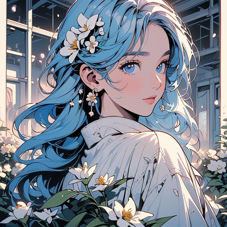 (((Fisheye Lens))), Very wide white background, Superior quality, masterpiece, 8K, Depth of written boundary, Intricate details, (((unmanned))), Very large margins, Lots of text, Company logo, space, Movie Posters, (((ruins))), (((Covered in white flowers)))), Nostalgia, Supercar, Panorama, Long Shot, Backlight, (((Dull colors))),(((Only One Woman))), (((Perfect Face))), 14k, (((Highly detailed background))), (((Highest quality))),(((Cowboy Shot))), Ultra detailed hair, (((Faint lighting))), Super beauty, (((Detailed face))), ((((Various poses)))), ((((Different angles)))), (((The wind is blowing))),(((Highly detailed beautiful black glowing eyes))),(((All pure white flowers))),(((Light on the face.))),(((Inside the building)))、(((snow)))、(((Abandoned Factory)))、(((Light blue hair color)))