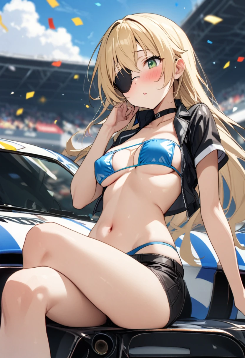 1 girl、solo、Long Hair、chest、Staring at the audience、blush、笑face、Blonde Hair、大きなchest、belly button、chestの谷間、Sitting、Close your mouth、Green Eyes、Swimwear、Short sleeve、（face：No eyepatch）、Eyepatch bikini、Eyepatch bikiniのボトムのみ、（color：black）Thighs、Outdoor、Open clothes、null、Glasses、Shorts、choker、noon、cloud、stomach、青null、Shorts、Underbust、（Eyepatch bikini：black）、High leg、blackchoker、blackShorts、Hair Intake、地上car両、自動car、car、Open Fly、Confetti、眼帯High legビキニ、Micro Shorts、Race Queen