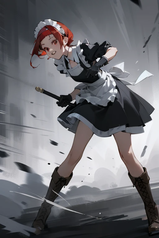 (masterpiece, Highest quality, Very detailed, Beautiful details in the eyes, Clean and delicate face), alone, (Red Bob Hair, Red eyes), (Maid clothes, White maid headband), thigh, Black gloves, Military boots, (whole body), Combat Action, Power Movement, Intense movement, Dynamic Motion Blur, Grin, Steamy atmosphere, Professional Lighting, Dynamic action scenes