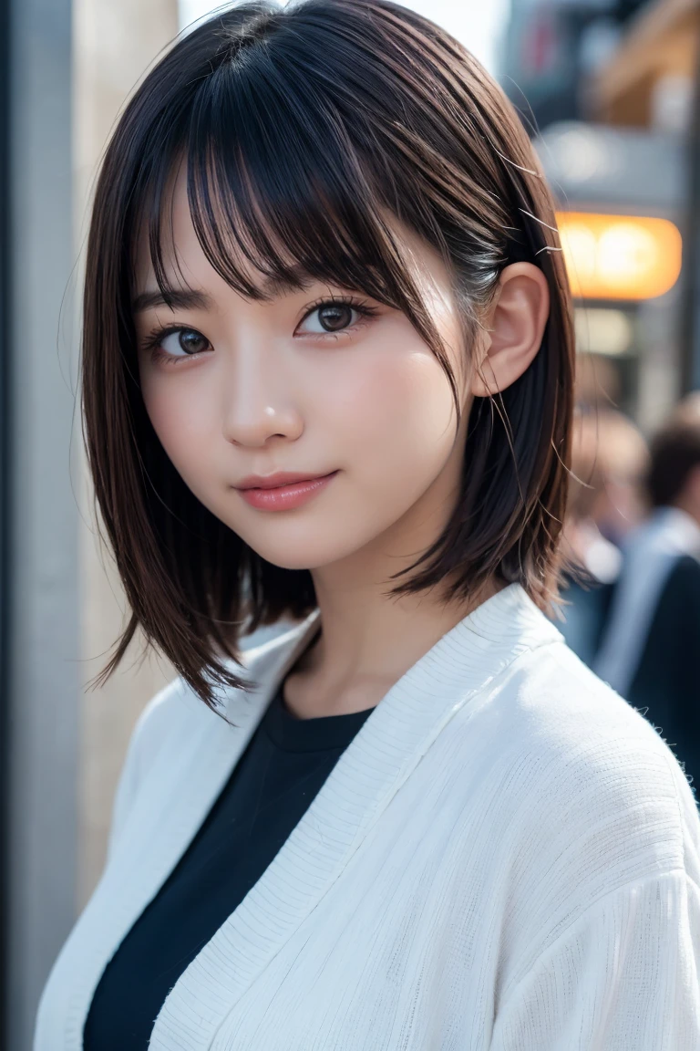 masterpiece、1 girl、View from the front、Japanese、Very cute woman、(The cutest girl in the world)、30 year old student、Makes your face smaller、smile、Very cute face、Glossy Lips、Double eyelids on both eyes、Natural Makeup、Long eyelashes、Shiny and smooth light brown hair、bangs、Center image、8k resolution、Advanced Details、Detailed hairstyle、Detailed face、Great cinema lighting、Vibrant、Ultra-realistic、Perfect limbs、Perfect Anatomy, Spring 2024, Tokyo, Popular clothes for spring, The background is Shibuya