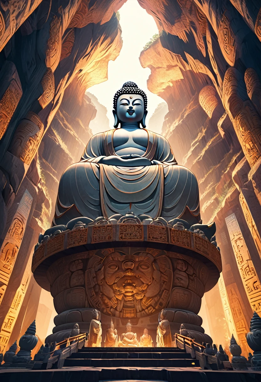 ( perfect anatomy ) A huge Buddha statue,Inlaid in the cliff cave with majesty, Low angle view from below. Movie atmosphere lighting. Retro style stone statue. Extremely detailed. Majestic Buddha statue. Low angle view. Art trend. Intricate patterns and textures.、Attention to detail. Highly detailed structural digital art., high detail, High quality digital art animation style