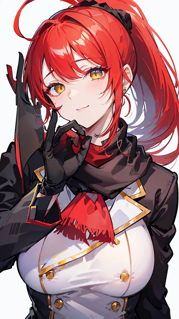 Face Focus , ((Highest quality)), ((Tabletop)), Perfect Face, Official Art,,Beautiful Face,Earrings,((((Crimson hair)))),heterochromia , ((right yellow eye)) , ((left blue eye)),(((Odd Eye))),Textured skin, Ultra high definition, Very detailed, ((((Blazer Uniform)))), ((((Close-up)))),((((One girl)))), Gauze, Simple Background, earrings,Wet Hair, ((((((Face-up)))))),bangs,((((solo)))), Close your mouth, Bangs between the eyes, choker,((((ponytail)))),smile,Ahoge Sideburns, (((Red scarf))),((((black gloves)))),(big breast),手をこちらに振る,ハートの瞳,bye-bye