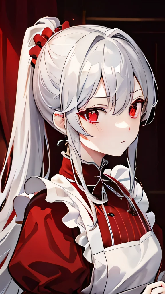 Gray Hair、Long Ponytail、Red eyes、Confused eyes、Expressionless、Girl、Red maid outfit、Luxurious mansion、front、Watching the audience、Only one person、masterpiece、Highest quality、4K、