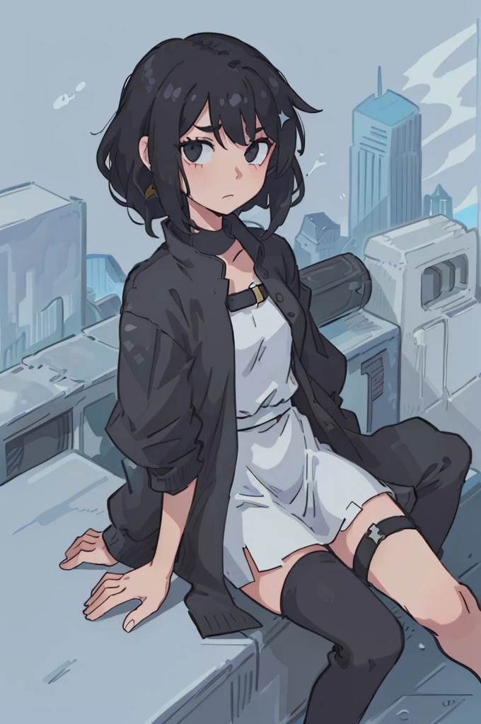 A girl having a black hair and black eyes. Has a weapon in her hand. Tall and has magic. In a very cool outfit. Sitting in a top of a building