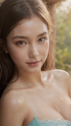 Slow deep-process Quality Images, Follow ai Top Score Criteria, Magazine Model body posture, 

1st priority resources allocated on Human Body Details,
2nd priority eye face shape,
3rd priority breasts shape details,
4th priority cloths transparency,

Low priority and low quality on others,

D40-24-35 firmed body , natural young breast-D40 drop-shape, nice big areola shadow, breasts clear shape , height-175cm weight-58kg,

Long Hair Hazel Gold light-brown, rich Body Quality, 1girl, Solo, 

bright round wide big eye x1.08, detailed eye, high quality moist eye, large clear pupil , Light-turquoise-blue-lighting high definition eyes, big-light-glowing-eye,

Body arouse blush tighten, face blush, anglic glow skin, high Dopamine hypersexuality,

Wet soak moist-dress-organza see through fabric - white pure bright - transparent Light pajamas, young 16 year old, no face wrinkle , natural balanced tight v-face , ulthera sharp shape face, thin asean lip, happy-shy-smile, 

Farm house scene, wide perspective, Green-wet-leaves, angel glow fairy atmosphere, late afternoon sun light 45 degree, srong Backlighting , dry windy,

bokeh swirl background, look at camera, front face focused, Looking stare to viewer, half body down to hip image,Depth Of Field,, 