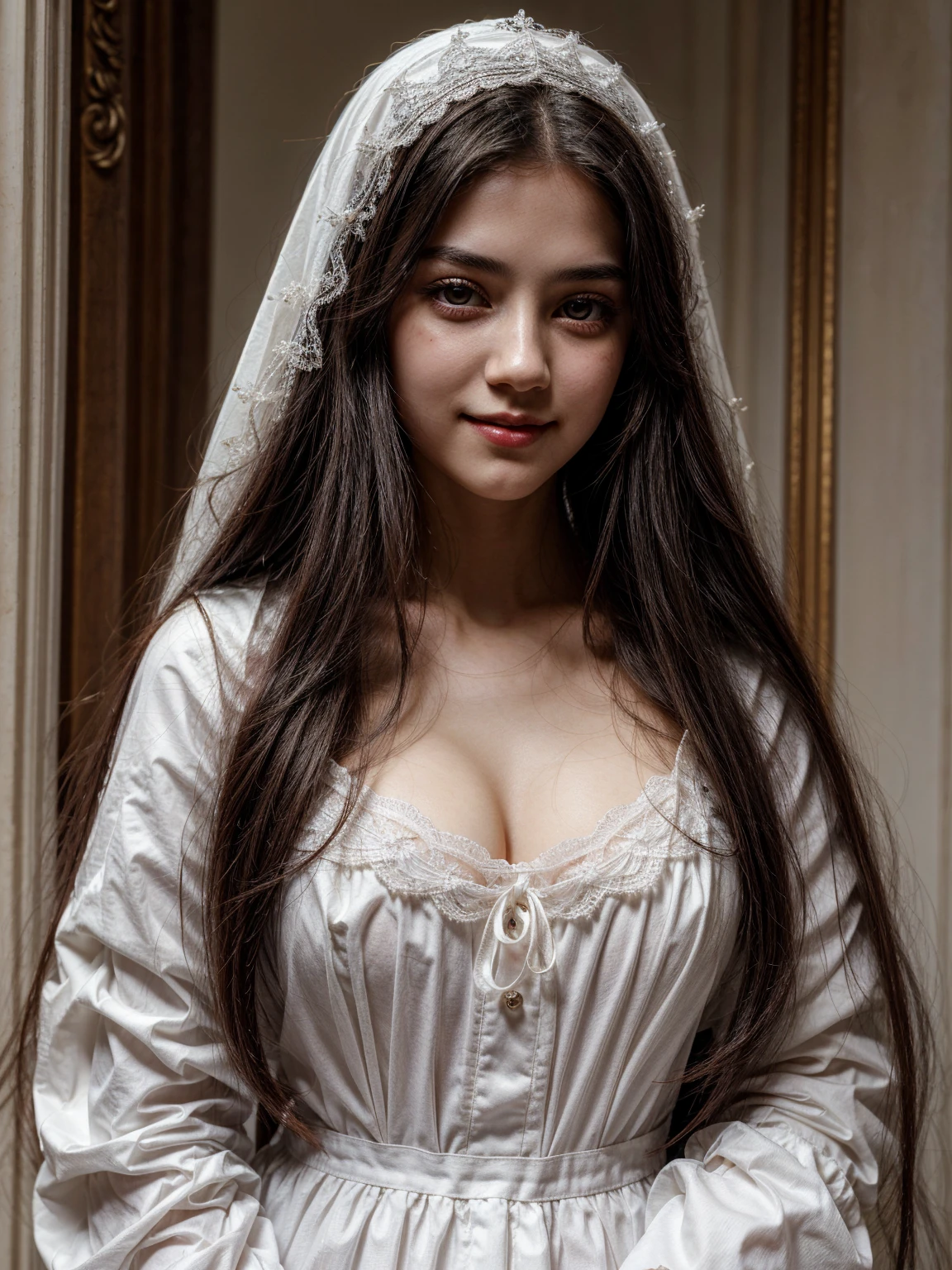 (Name: Isabella de Valois), Pretty, She is a Ghost, White clothes, Long Black Hair, Blood Liptint, Pretty Eyes , Angelic Face Beautiful, Black Eyeliner, Detailed Lips, Smile, Medium Sized Breast