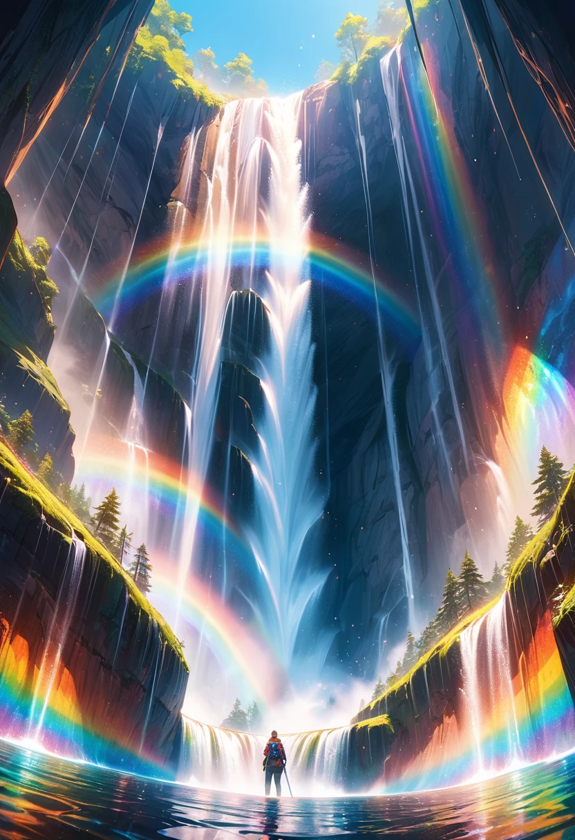 a ((low angle shot: 1.5)), from below of an epic waterfall, there is an epic waterfall coming out of an epic cliff, ((standing really close to the waterfall)) the water coming down in earnest, there is a rainbow reflected on the water, vibrant, Ultra-high resolution, High Contrast, (masterpiece:1.5), highest quality, Best aesthetics), best details, best quality, highres, 16k, (ultra detailed: 1.5), masterpiece, best quality, (extremely detailed) RAW, (ultra details, Masterpiece, best quality), chumbasket art style, ral-czmcrnbw