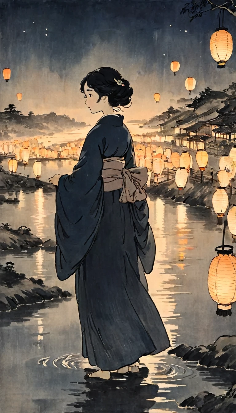 Katsushika Hokusai、Black and White、vague、Mont、Ink and watercolor、Light tones、calligraphy、Ink Painting Ink Painting Drawn with a brush Characters written with a brush Place river lanterns on the river bank,Many lanterns are lit up in the sky、Beautiful atmosphere, Light in the night sky, Quiet evening atmosphere