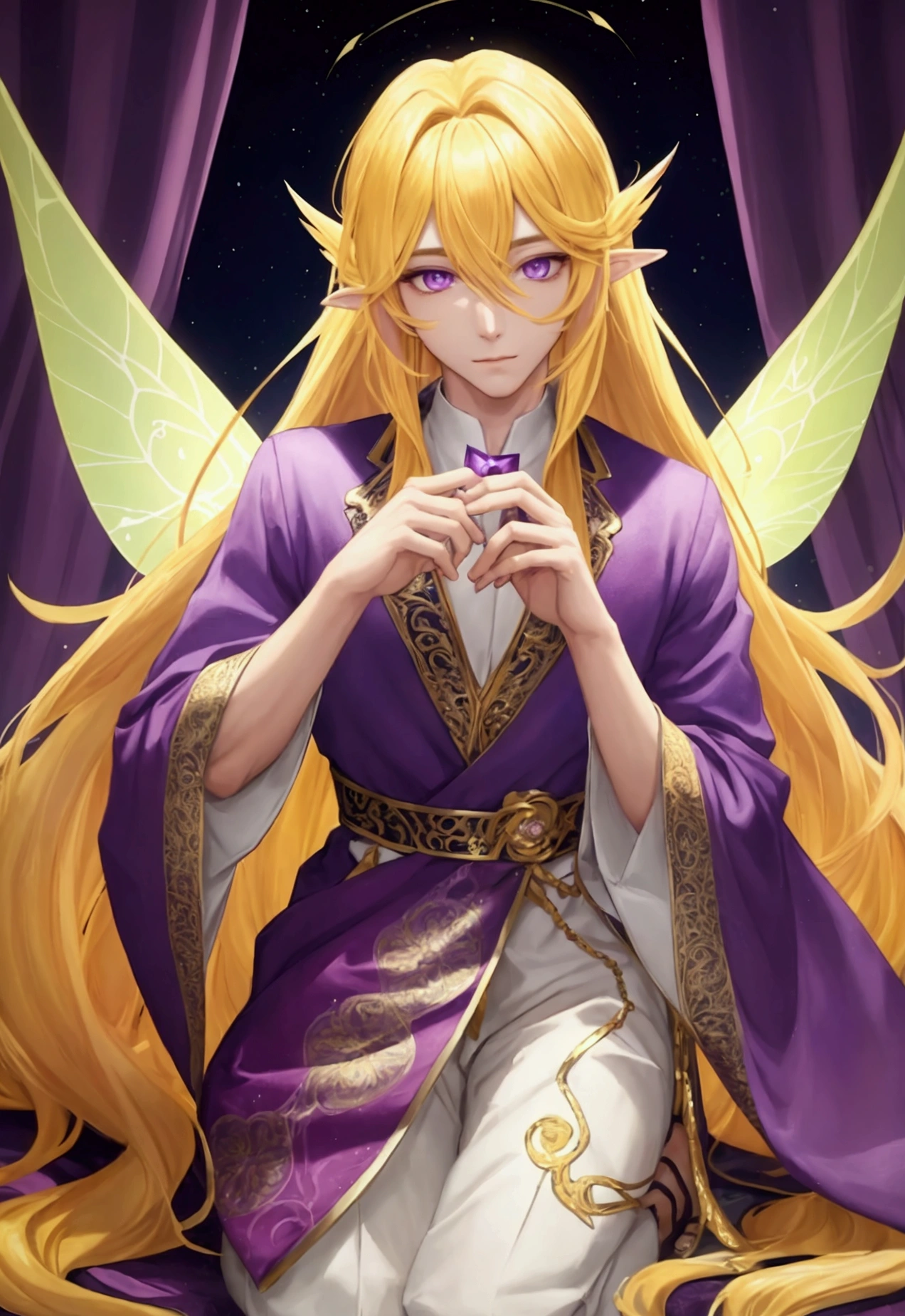 Handsome male fairy with yellow long hair and purple eyes