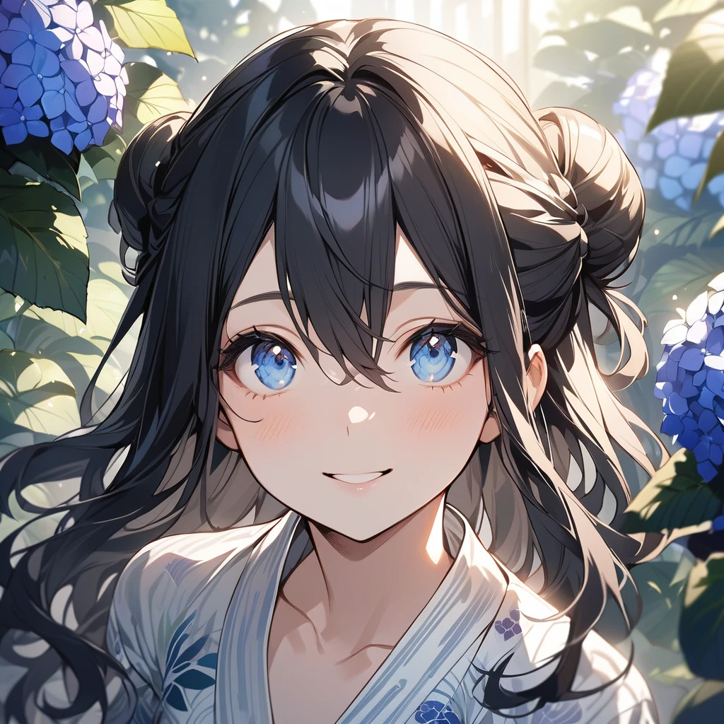 (Cute a girl:1.5), (a girl with Black hair, long hair, bun, blue eyes, Bangs between the eyes,white japanese yukata, A yukata with a hydrangea pattern,from front,looking up, look at viewer, small breasts, smiling,
:1.4), anime visual, (tilt head:1.3), realistic lighting and shading,muted colors,soft focus, (an extremely delicate and beautiful art:1.3),