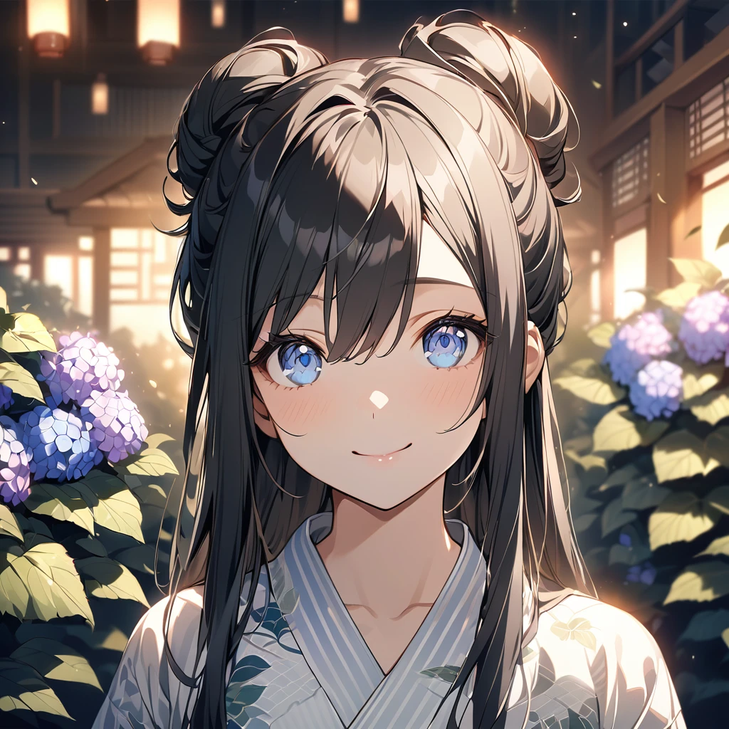 (Cute a girl:1.5), (a girl with Black hair, long hair, bun, blue eyes, Bangs between the eyes,white japanese yukata, A yukata with a hydrangea pattern,from front,looking up, look at viewer, small breasts, smiling,
:1.4), anime visual, (tilt head:1.3), realistic lighting and shading,muted colors,soft focus, (an extremely delicate and beautiful art:1.3),