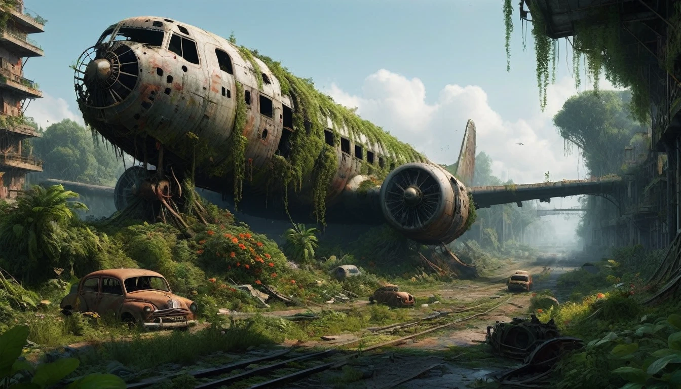 "Create a 3D animation of an abandoned metropolis (2022) in the style of Jakub Rozalski
* rusty airplane, overgrown with moss, showing signs of decay
* Intricate details, including texturing and modeling, in ultra-high quality
* Render the scene in 8K resolution (7680 x 4320 pixels) with extreme attention to detail
The metropolis should be overgrown with lush greenery, with vines and flowers, bridges covering the buildings and streets. Rusty cars should be in various states of disrepair, with visible corrosion and oxidation. Include subtle lighting and atmospheric effects to create a sense of depth and immersion.
deliver detailed, seamless, and high-quality 3D animation that meets these specifications."