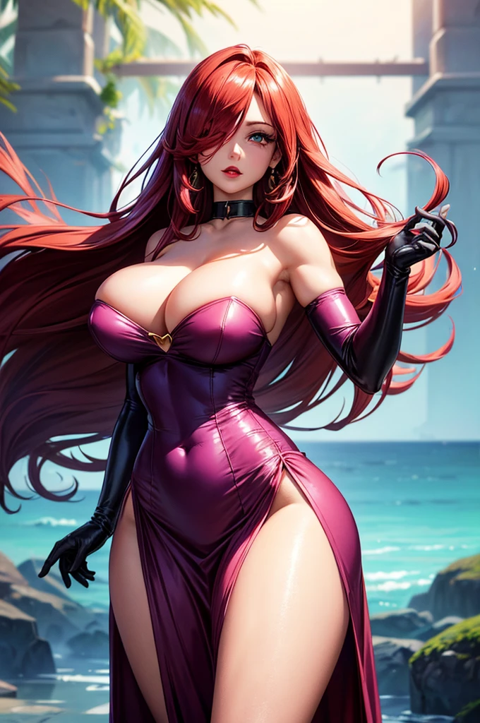 CARTOON_jessica_rabbit_aiwaifu,aiwaifu,
hair over one eye,red hair,narrow waist,very long hair, big hair, tall female, toned,makeup,lipstick,large breasts,eyeshadow,green eyes,thighs,huge breasts,red lips,lips,curvy,thick thighs,wide hips,collarbone,long legs, one eye covered,
elbow gloves,purple gloves,dress,bare shoulders,cleavage,red dress,strapless,strapless dress,side slit,jewelry,earrings,long dress,cocktail dress,pantyhose,thighhighs,
official art,extremely detailed CG unity 8k wallpaper, perfect lighting,Colorful, Bright_Front_face_Lighting,shiny skin, (masterpiece:1.0),(best_quality:1.0), ultra high res,4K,ultra-detailed, photography, 8K, HDR, highres, (absurdres:1.2), Kodak portra 400, film grain, blurry background, (bokeh:1.2), lens flare, (vibrant_color:1.2),professional photograph, (beautiful_face:1.5),