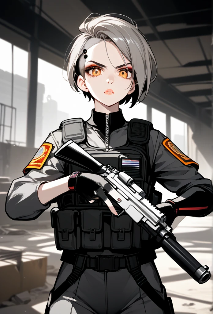 masterpiece, best quality, mature woman, (buzzcut hairstyle), gray hair, (villainous eyes), amber eyes, glossy lips, (mature face), serious expression, operative clothing, bulletproof vest, tactical vest, fingerless gloves, holding pistol, abandoned building, aiming gun at viewer