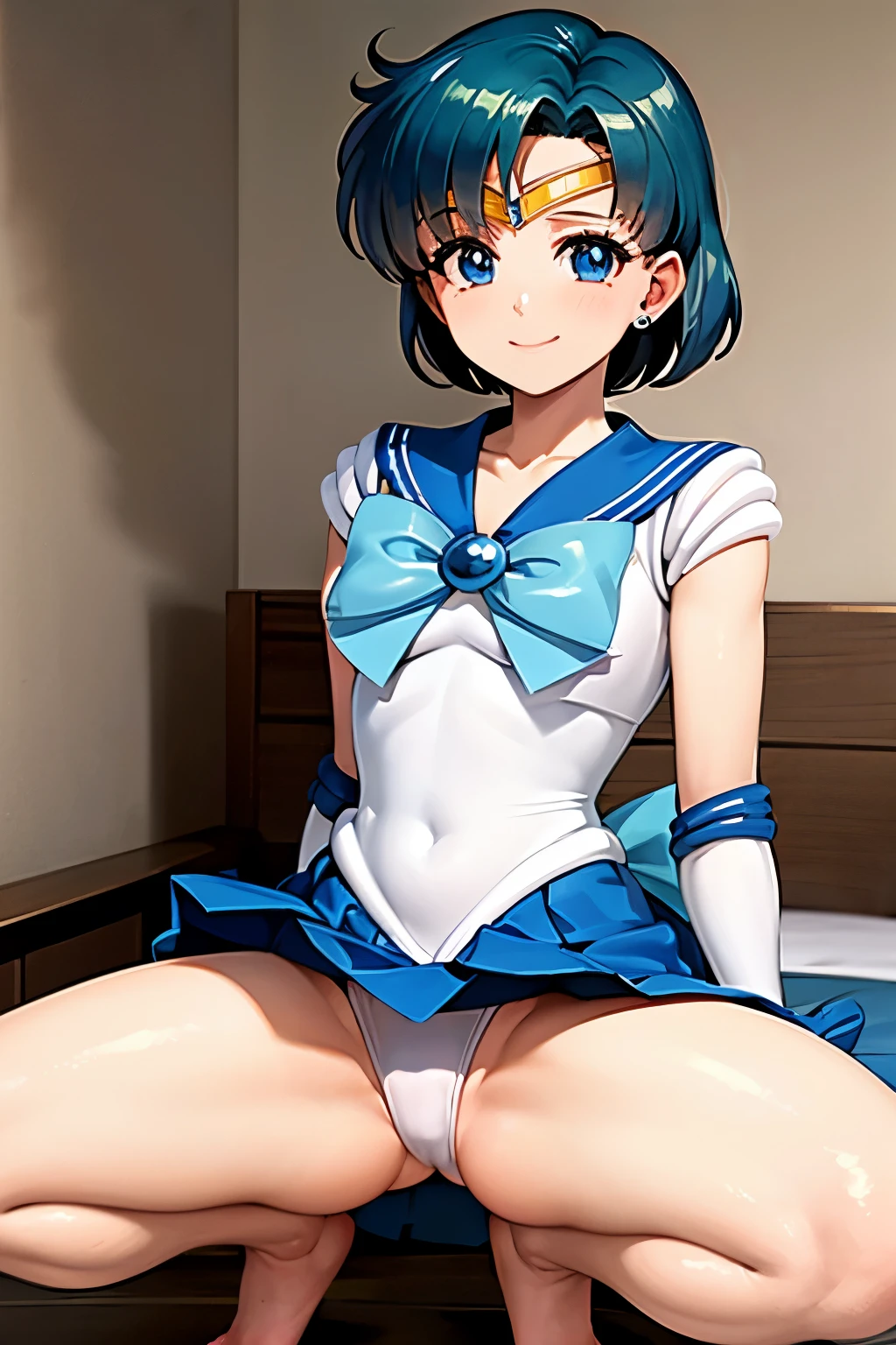 (Highest quality), (masterpiece:1.2), (Very detailed), (Sailor Mercury), One Girl, View your audience, smile, Mid-chest, Watery eye, Blue Hair, short hair、((barefoot))、((Sailor Mercury))、((Long gloves))、leotard、(Blue mini skirt: 1.3), Cowboy Shot, squatting, (spread legs: 1.3), Bedroom,