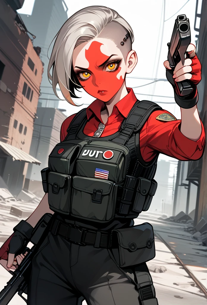 masterpiece, best quality, mature woman, (buzzcut hairstyle), gray hair, (villainous eyes), amber eyes, glossy lips, (mature face), serious expression, operative clothing, bulletproof vest, tactical vest, fingerless gloves, holding pistol, abandoned building, aiming gun at viewer