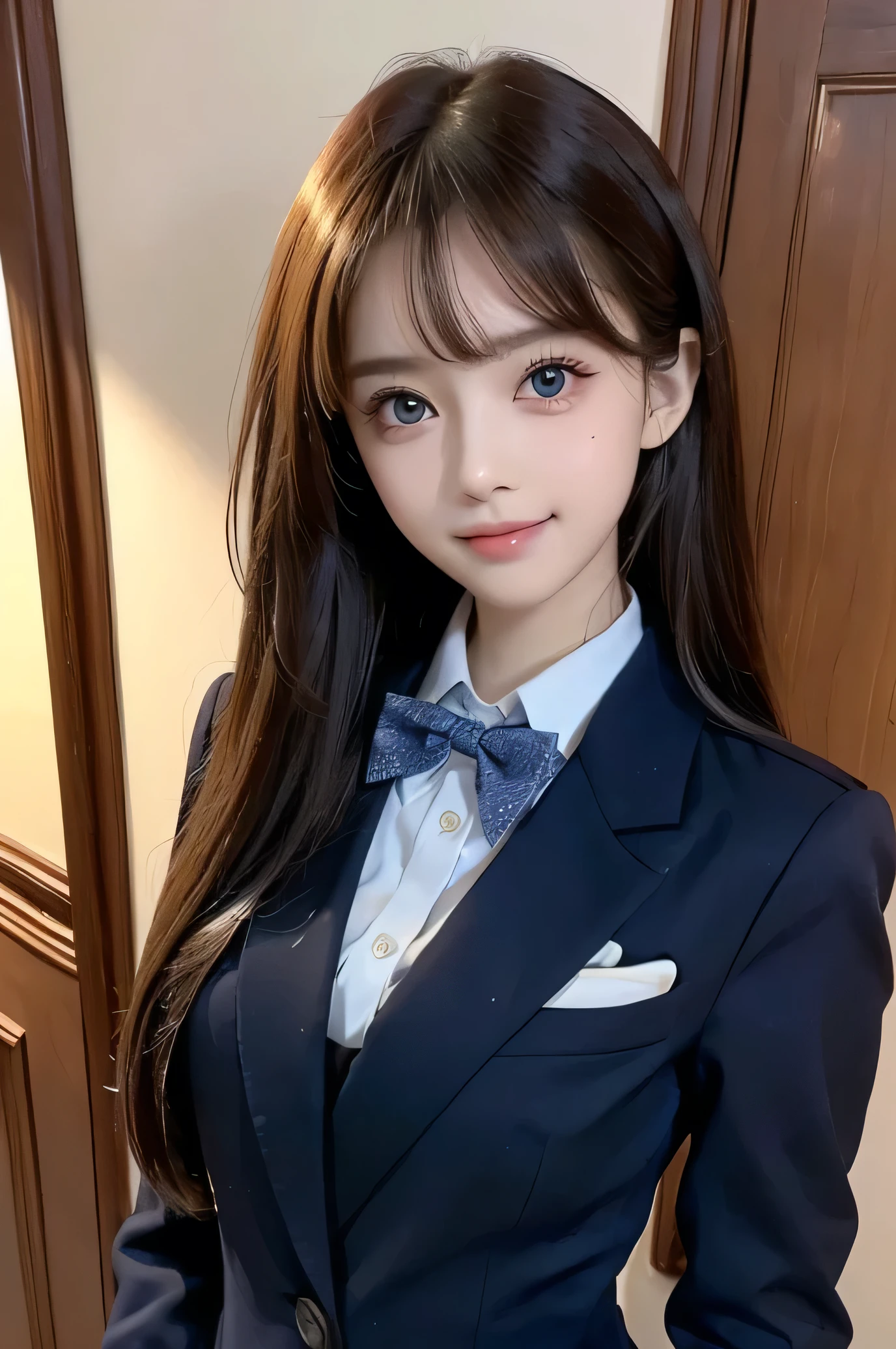 (Very beautiful  cute girl), (very  cute face:1.2),6 yo, (sparking crystal clear attractive large eyes), Beautiful detailed eyes, Detailed double eyelids, (smiling), (realistic photograph:1.1), long straight hair,dark blue blazer high-school uniform,red neck bow tie