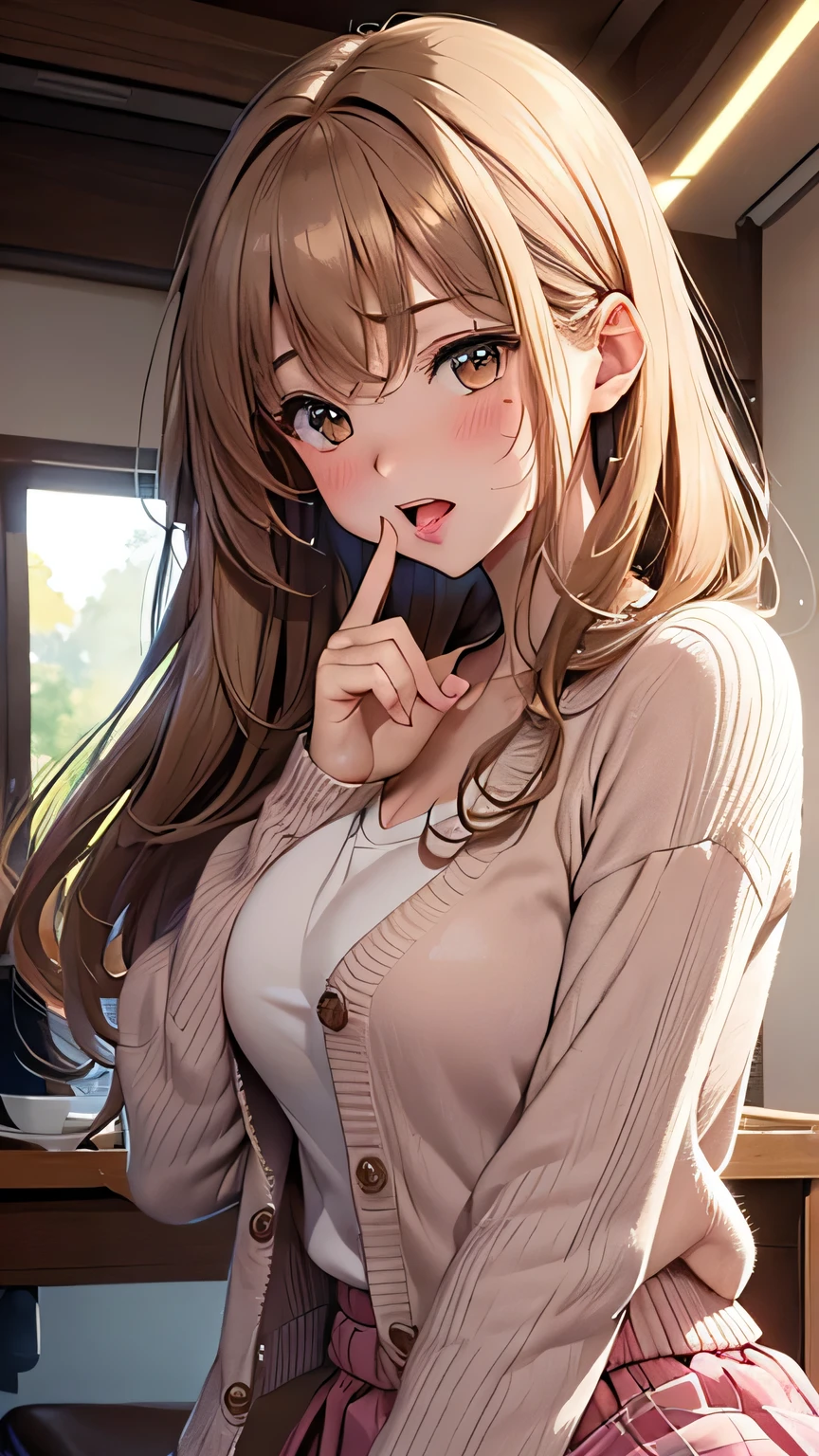 Highest quality, Soft Light, Ultra-high resolution,People Girls, alone, sexy, (Ecstatic face), (Light brown eyes), Beautiful face in every detail,(High resolution detail of human skin texture), (Medium Hair), break,Cardigan ,Checkered Skirt,Pink panties,(Fellatio gestures:1.1), (Open your mouth:1.2),tongue,(Sweat:1.1),Sigh,look back,Perfect finger shape