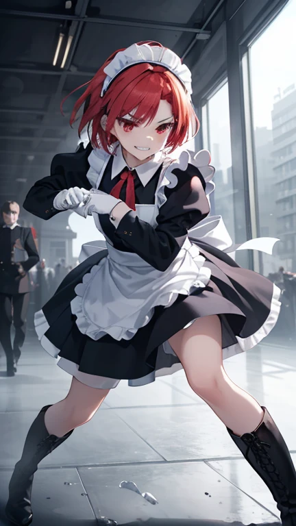 (masterpiece, Highest quality, Very detailed, Beautiful details in the eyes, Clean and delicate face), alone, (Red Bob Hair, Red eyes), (Maid clothes, White maid headband), thigh, Black gloves, Military boots, (whole body), Combat Action, Power Movement, Intense movement, Dynamic Motion Blur, Grin, Steamy atmosphere, Professional Lighting, Dynamic action scenes
