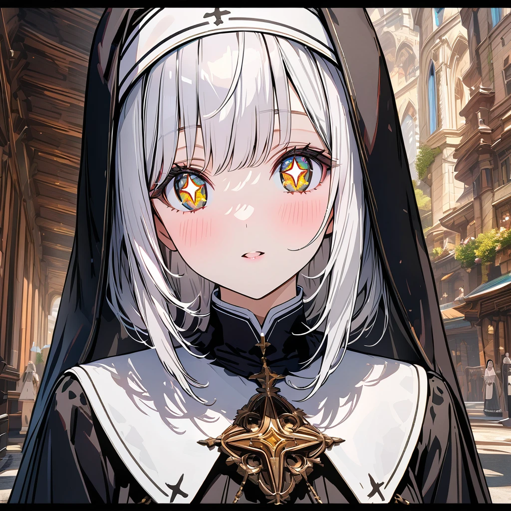 White and Nun, Face Up, 4k, UHD, Detailed Background, Detailed Drawing, Ultra Quality, Detailed Background, Beautiful Face, Sparkling Eyes,