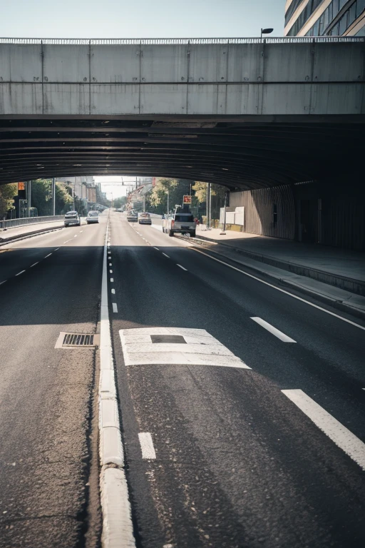 A 2-lane street passing under a highway with several cars 