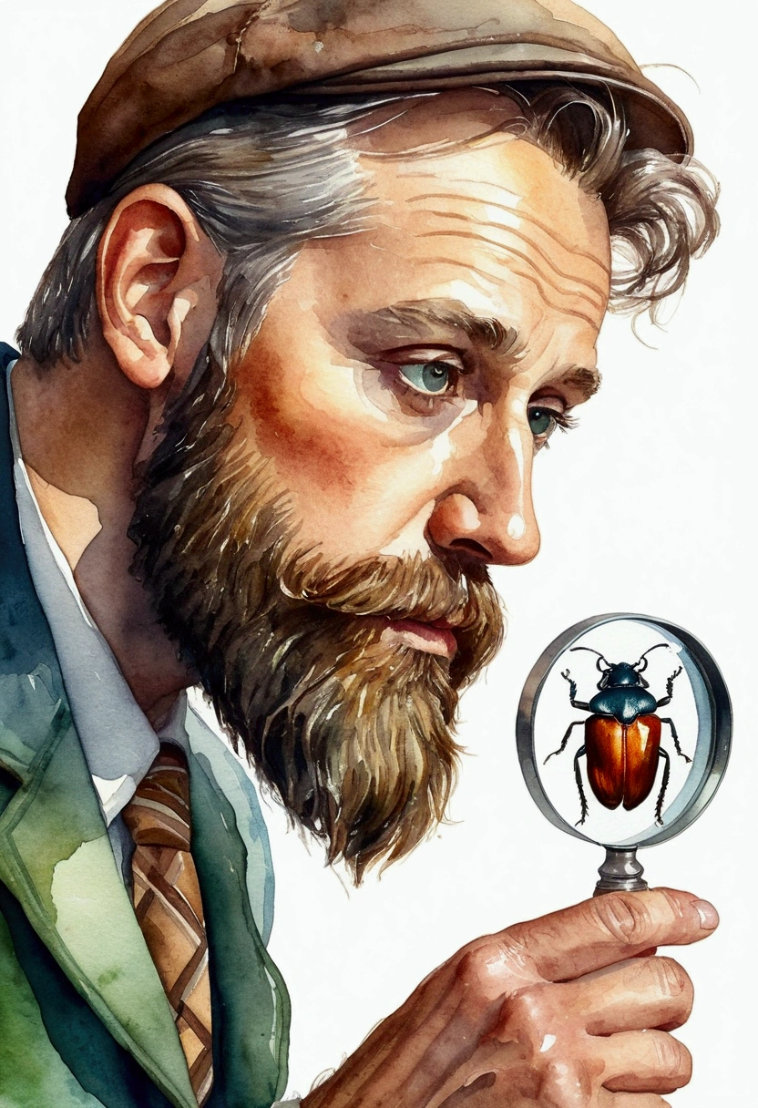 a man with a beard looks at a beetle through a magnifying glass, watercolor