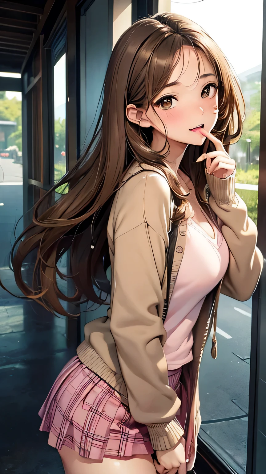 Highest quality, Soft Light, Ultra-high resolution,People Girls, alone, sexy, (Ecstatic face), (Light brown eyes), Beautiful face in every detail,(High resolution detail of human skin texture), (Medium Hair), break,Cardigan ,Checkered Skirt,Pink panties, (Open your mouth:1.2),tongue,(Sweat:1.1),Sigh,look back,Perfect finger shape