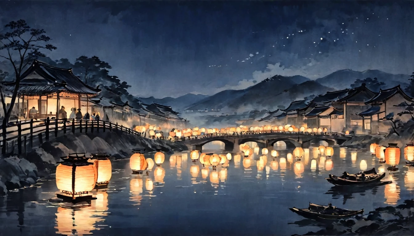 Katsushika Hokusai、Black and White、vague、Mont、Ink and watercolor、Light tones、calligraphy、Ink Painting　Ink Painting　Drawn with a brush　Characters written with a brush　Place river lanterns on the river bank，Many lanterns are lit up in the sky、Beautiful atmosphere, Light in the night sky, Quiet evening atmosphere