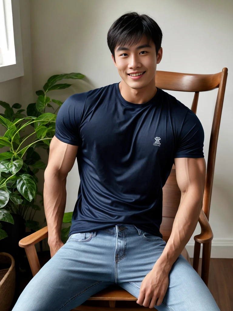 (As a matter of fact, Masterpiece, 8k HD, good light quality, Sports suit, navy blue, mono tone, fit the face, complicated details), A handsome, muscular young Korean man sits on a chair with muscular arms. , 20 years old, be happy, smile brightly, detailed face, delicate eyes, look at the sky, Wear a tight blue t-shirt.:1.6 , jeans period, black eyes, Black hair color, ผมsmooth, smooth,Surreal,Superb details,Highest quality,real,Open your mouth to talk. , Close your eyes., (rice field nature:1.1)