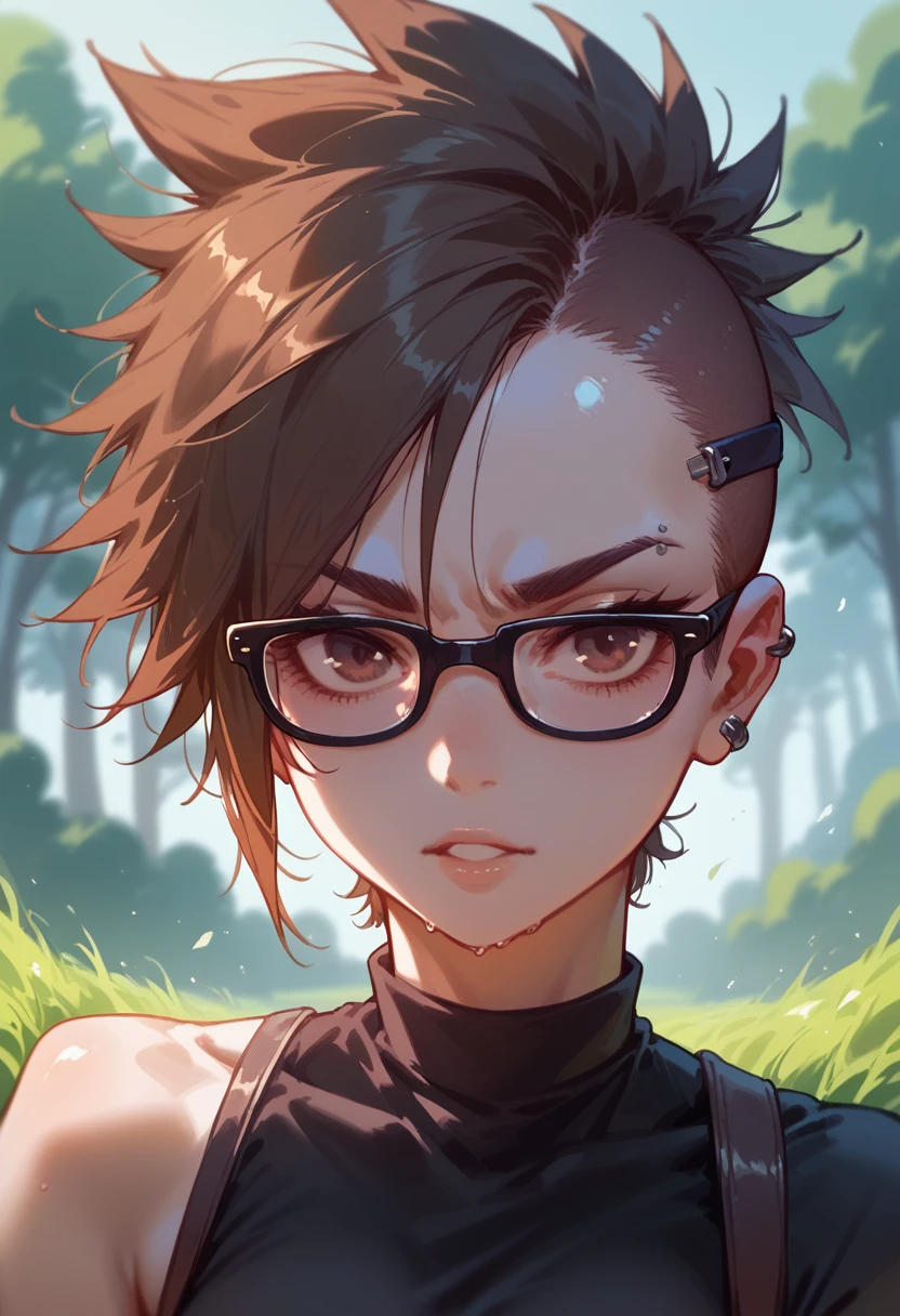 Punk girl with glasses and dark shirt, Blurred green grass and trees in the background, Short brown hair, detailed face, high quality, a high resolution,shiny skin, shiny