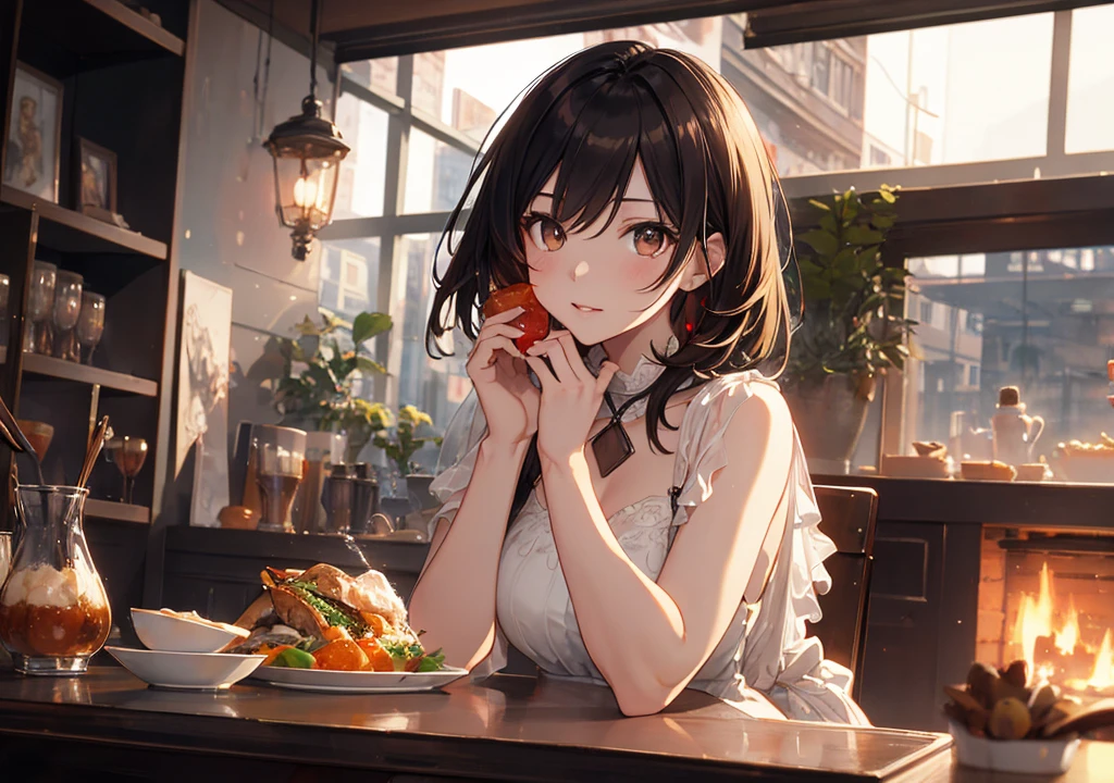 Realistic photos, Focus distance 10mm, Red and white, Beautiful girl, Realistic photos, Shooting at focus distance 10mm, masterpiece, 最high quality, high quality, Very detailed CG 8k wallpaper unit, Award-winning photography, Depth of written boundary, High resolution, bloom, chromatic aberration, Realistic, Very detailed, Art Station Trends, CGsociety Trends, Complex, High detail, dramatic, Art on the go, volumetric lighting, Soup A beautiful girl in an elegant dress is enjoying a hot soup. The background is the warm atmosphere of a high-end restaurant. The girl has short black hair and light brown eyes
