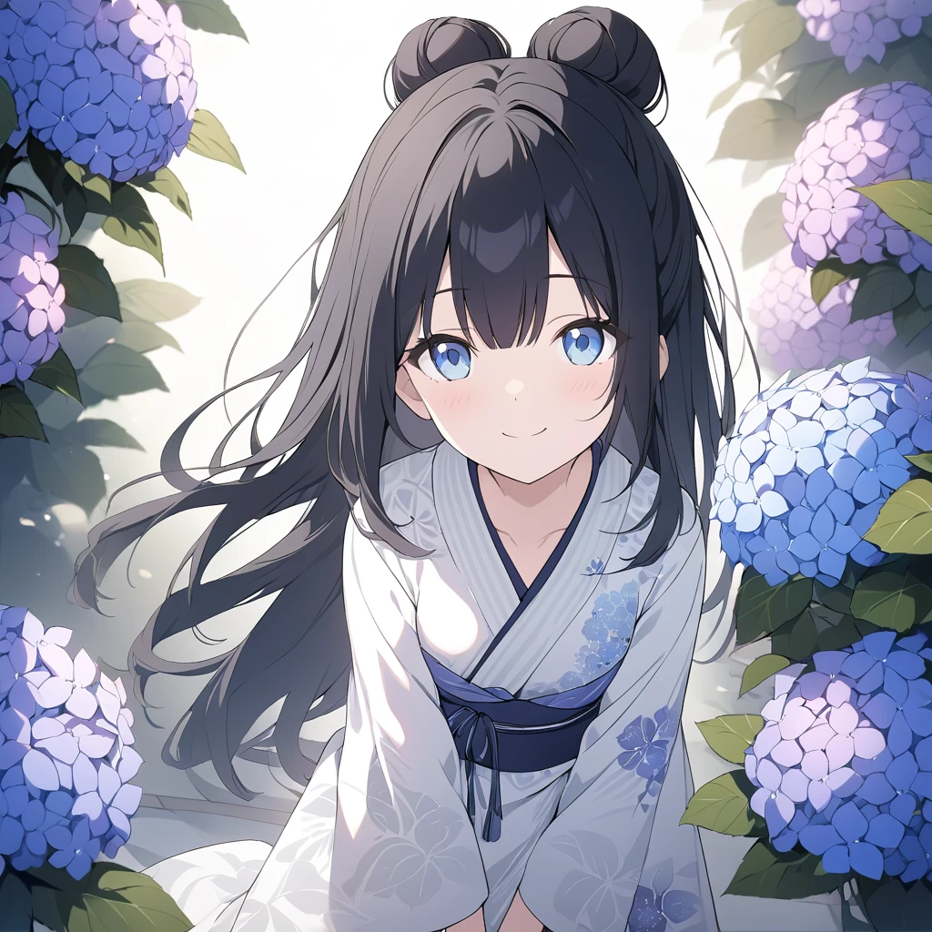 (Cute a girl:1.5), (a girl with Black hair, long hair, bun, blue eyes, Bangs between the eyes,white japanese yukata, A yukata with a hydrangea pattern,from front,looking up, look at viewer, small breasts, smiling,
:1.4), anime visual, (tilt head:1.3), realistic lighting and shading,muted colors,soft focus, (an extremely delicate and beautiful art:1.3),